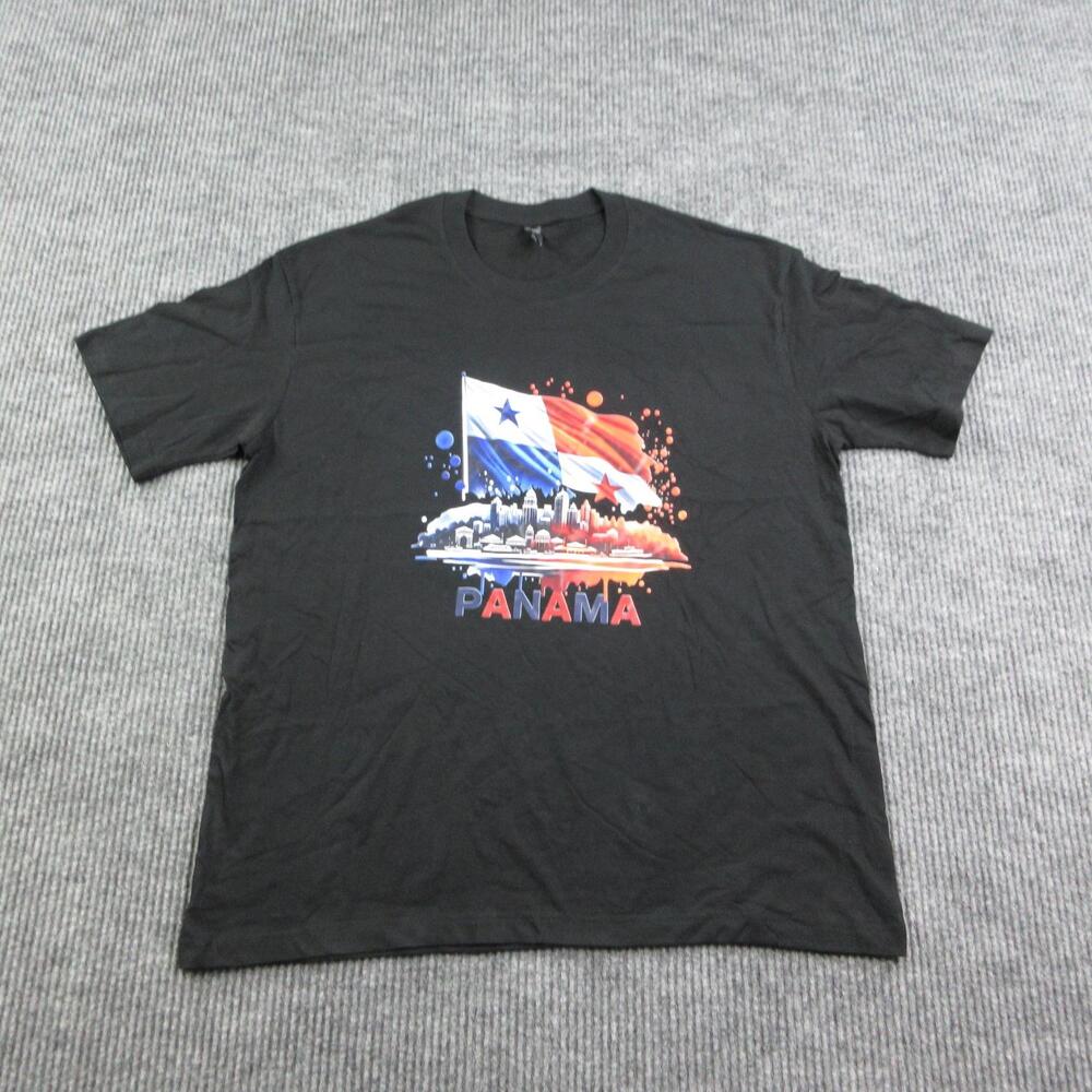 Panama Shirt Mens XL Black Cotton Crew Neck Panama Flag City Skyline Graphic Tee